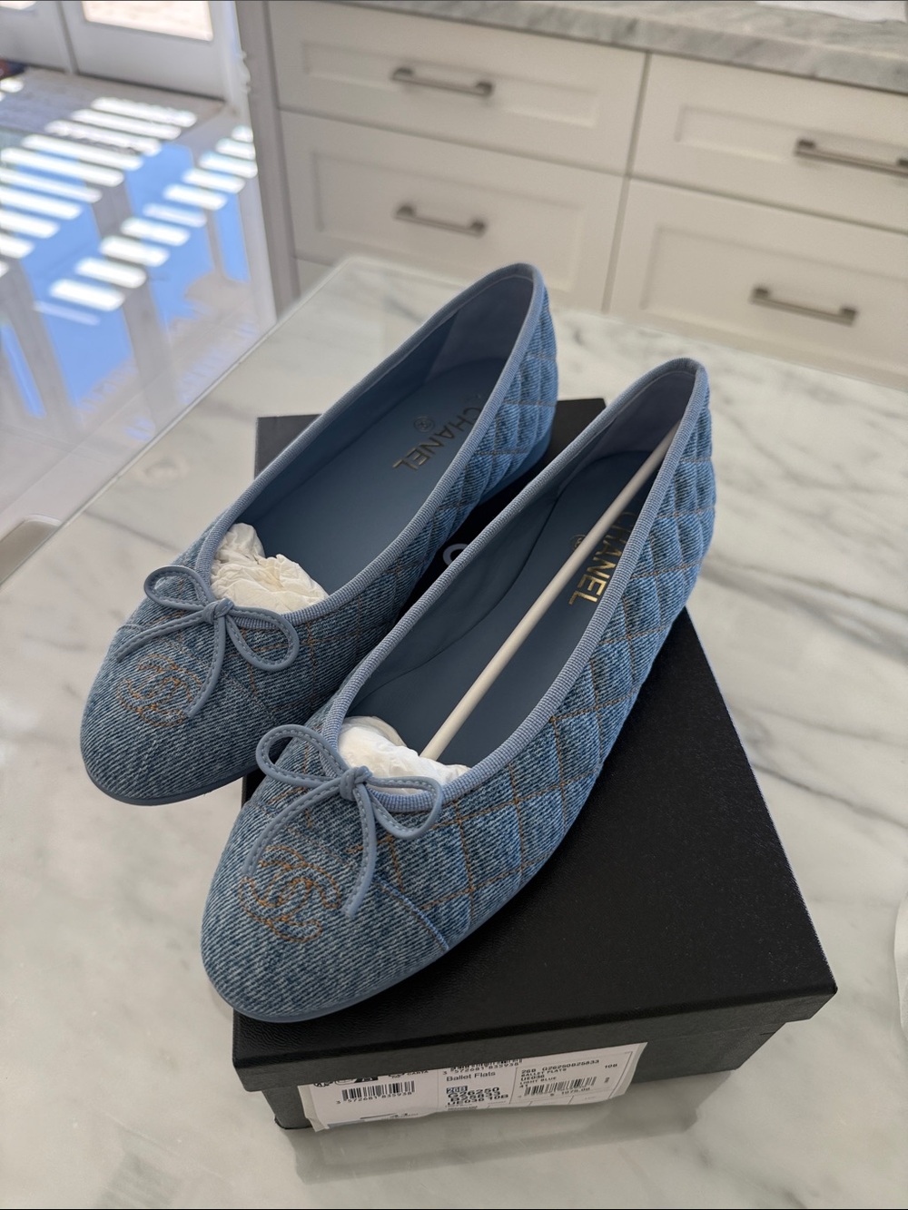 CHANEL Light Blue Quilted Denim Ballet Flats with Bow